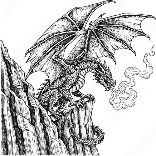 Dragon breathing smoke perched on a jagged rocky cliff in a dark fantasy setting
