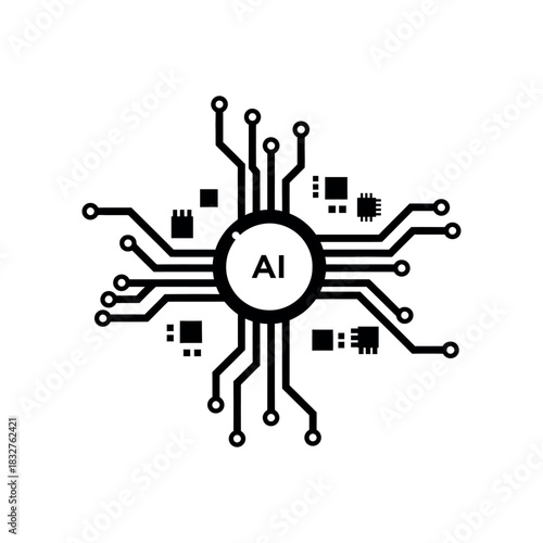 Circular artificial intelligence chip icon with surrounding circuit lines and microchip elements symbolizing advanced digital technology