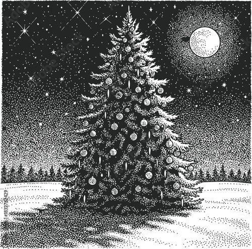 Eerie tall plant reaching for the moon in a dark mysterious night landscape