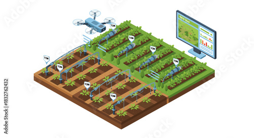 Smart farming technology monitoring crop yield and irrigation with drone and data analytics, showcasing innovation in agriculture for sustainable food production