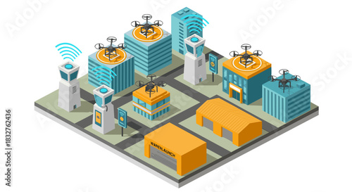 Futuristic cityscape with autonomous drones landing atop buildings, a vision of smart city logistics and modern urban air mobility solutions