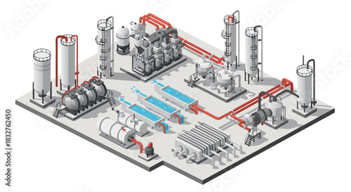Refinery isometric illustration showcases oil and gas production, ideal for energy sector presentations, industrial design projects, or technology visualizations
