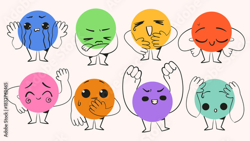 Cute character circle shape with facial expression. Funny figures. Cartoon isolated vector illustration.	