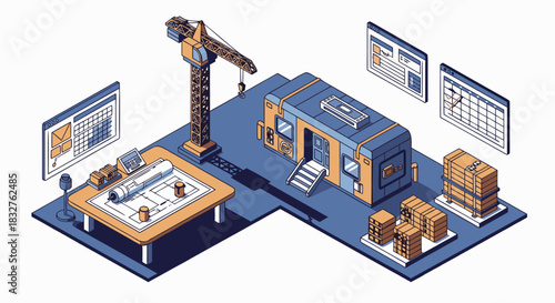 Detailed architectural construction site plan and crane illustration, project management visualization, showing a building and schedule of construction.