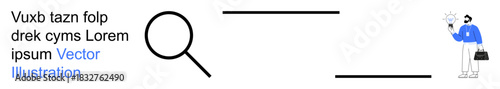 Data search, problem-solving, organization, business analytics, research tools, visual design. Magnifying glass and person in minimal style. Data search and problem-solving concepts