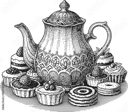 Elegant teapot and assorted pastries silhouette illustration for a cozy tea time