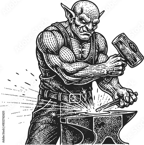 Fantasy creature blacksmith hammering glowing metal on an anvil with sparks flying