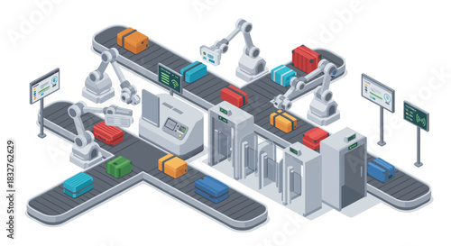 Innovative automated luggage handling system with robotic arms and advanced security scanners ensures efficient travel experience, originally designed as a vector graphic