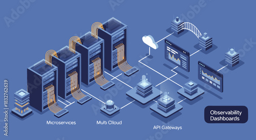 Modern visualization of microservices, multi cloud, API gateways, and observability dashboards for data driven IT strategies, scalable infrastructure management