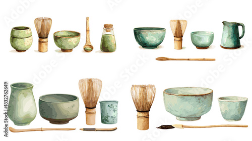 A detailed watercolor set of matcha tools including bowls, whisks, scoops, and cups, showcasing traditional tea preparation utensils in soft earthy tones.