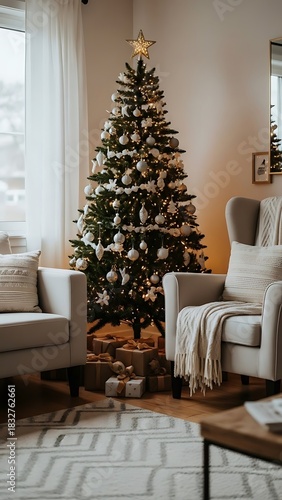Christmas tree with gifts in living room with armchair