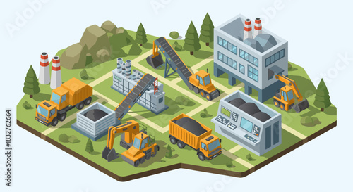 Dynamic isometric illustration of a coal mine with excavators, trucks, and conveyors, showcasing modern industrial processes and energy production, vector graphics