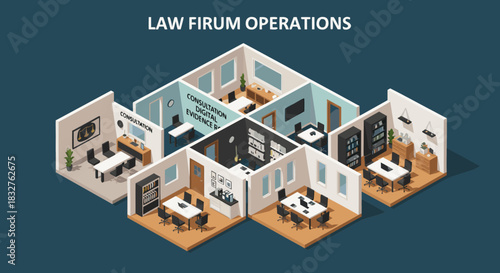 Modern law firm isometric design showcasing consultation rooms and office spaces for legal advice, evidence review, and digital resources, ideal for business