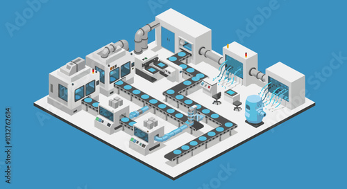 Modern isometric factory automation system for streamlined manufacturing processes, boosting efficiency and productivity with cutting-edge technology solutions