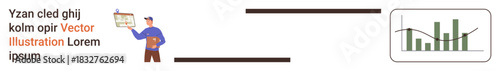 Data analysis, information visualization, education, business strategy, report interpretation, research tools. A person with a chart and a graph showing trends. Data analysis and visualization