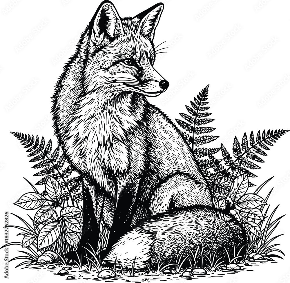 Obraz premium Fox silhouette illustration sitting among ferns and grass in a dark forest environment