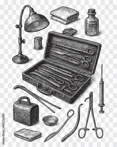 Hand-Drawn Vintage Surgery Tools Vector Pack – Etched Medical Illustrations 19th Century Surgical Tools Bundle – Black and White Engraved Vector Set