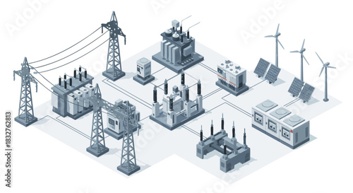 Isometric sustainable energy network showing power generation and distribution with wind turbines, solar panels, and electrical grid for a greener future