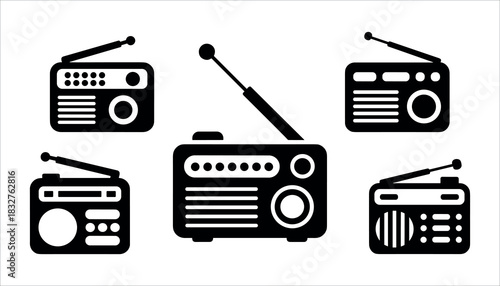 Five black retro radio icons with antennas on white background vintage broadcast