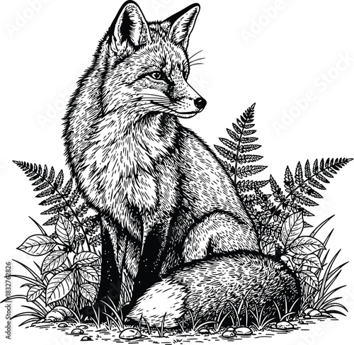 Fox silhouette illustration sitting among ferns and grass in a dark forest environment