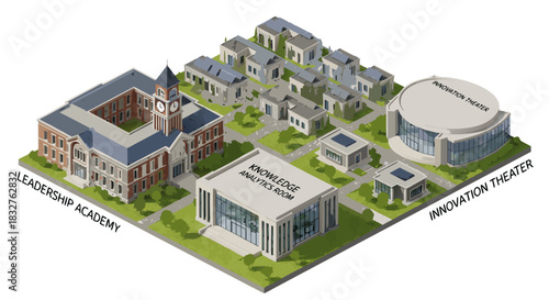 Modern isometric campus featuring leadership academy, innovation theaters, and knowledge center, perfect for education, technology, or corporate presentations