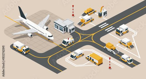 Dynamic isometric airport scene showcasing ground support vehicles and passenger jet, perfect for aviation industry presentations and transportation visuals