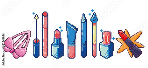 Pixel Art Beauty Elements. Makeup and Cosmetic Icons