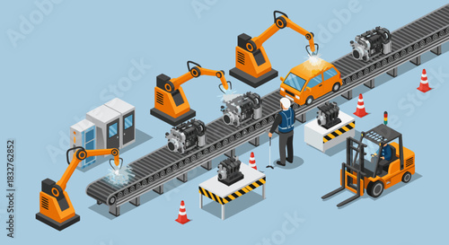 Automated car factory with robotic arms welding vehicles on assembly line, a modern industrial process showing advanced manufacturing and production innovation