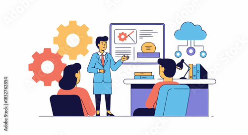 Dynamic presentation by confident businesswoman to team, showcasing innovative solutions for growth, fostering collaboration and professional success