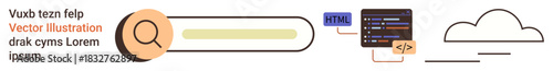 Web development, data search, online resources, digital storage, coding processes, SEO strategy. Search bar, coding window and cloud illustration. Web development and data search concept
