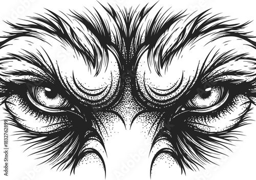 Furry dark monster face with powerful gaze and shadowy presence on black background