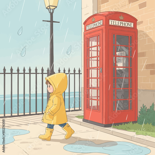 Cute child wearing yellow raincoat walking near a red phone booth