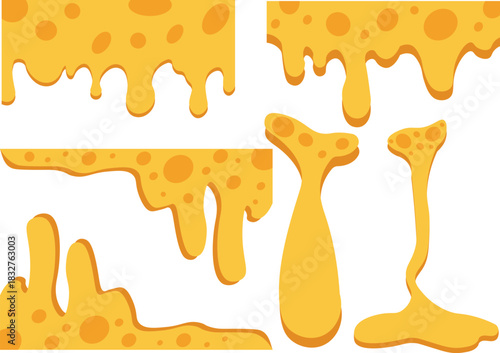 Illustration of melting cheese in various shapes, featuring drips, holes, and a yellow color palette on a white background.
