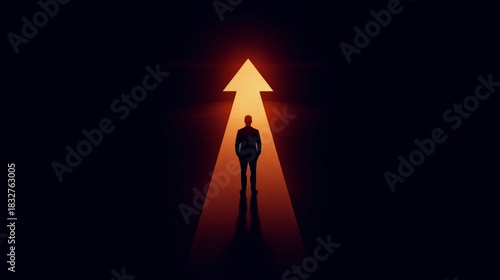 A man stands before a glowing arrow pointing upwards in the dark background