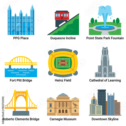 Vector icon set of famous Pittsburgh SKyline landmarks and tourist attractions, including bridges, buildings, and parks.