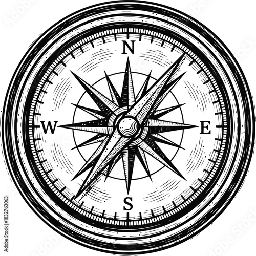 Grunge compass rose with cardinal directions and distressed appearance on a dark background