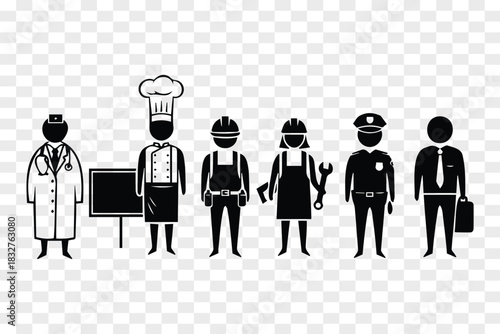 Diverse Occupations Represented by Simple Black and White Vector Icons