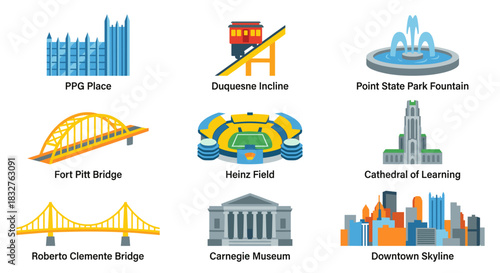 A collection of flat vector icons depicting famous landmarks and attractions in Pittsburgh Skyline, Pennsylvania.