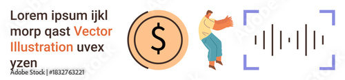 Finance, sound technology, virtual payment, dynamic movement, media design, audio branding. Circular coin symbol with dollar sign, soundwave element and person in motion. Finance and sound