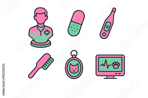 Medical and pet care icons in vibrant colors featuring a vet, medication, thermometer, brush, pet tag, and monitor