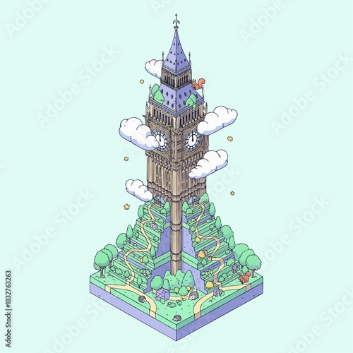 Vector design of Big Ben transformed into a tiny surreal ‘micro-world’
