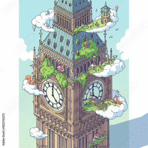Vector design of Big Ben transformed into a tiny surreal ‘micro-world’
