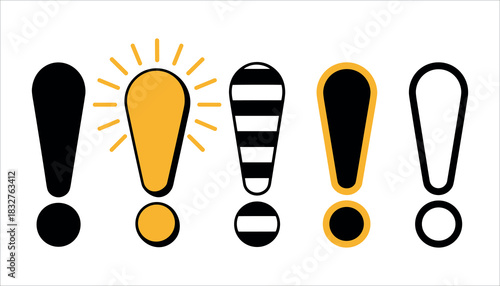 Five exclamation marks in black and yellow with different styles punctuation symbol