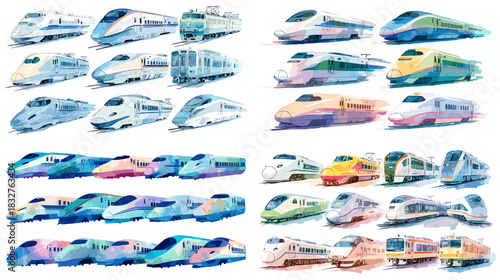 A soft watercolor collection of high speed trains and rail vehicles in varied colors, featuring modern locomotives and transport designs ideal for travel, transport, and technology themes.
