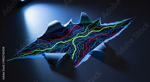 Abstract geometric shape with vibrant neon lines and textures illuminated by a spotlight isolated on white background