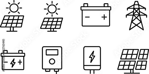Solar energy system icons set. Panels, battery, inverter, electricity outline vector illustrations