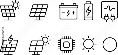 Solar energy system icons set. Panels, battery, inverter, electricity outline vector illustrations