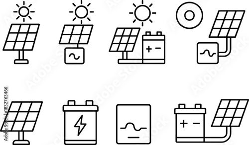 Solar energy system icons set. Panels, battery, inverter, electricity outline vector illustrations