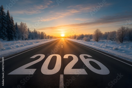 A vast winter highway sunrise with 2026 painted on road in ultra realistic nature scene, calm future new year optimism