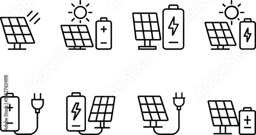Solar energy system icons set. Panels, battery, inverter, electricity outline vector illustrations